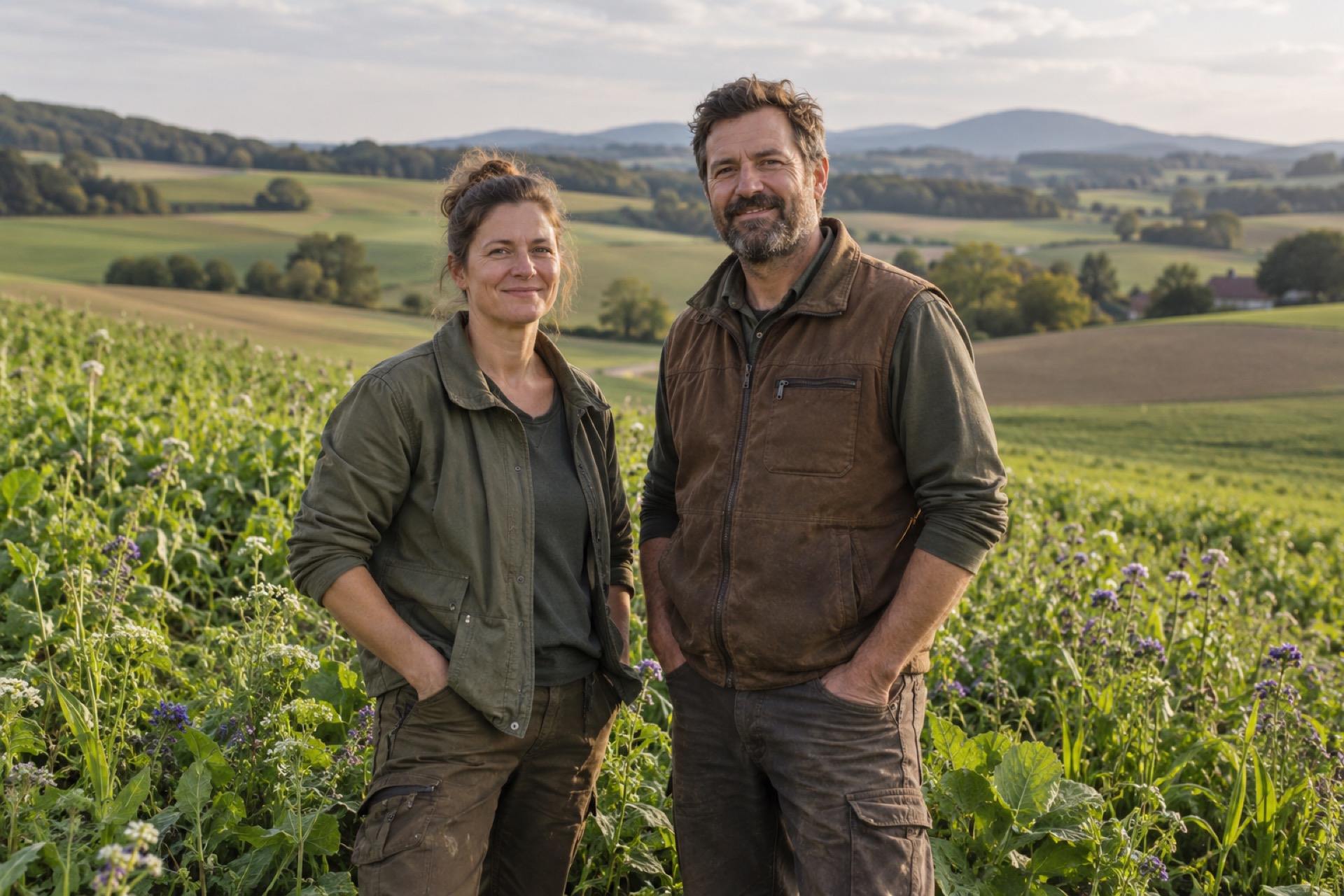 Landwirtschaftliches Paar im Zwischenfruchtfeld
