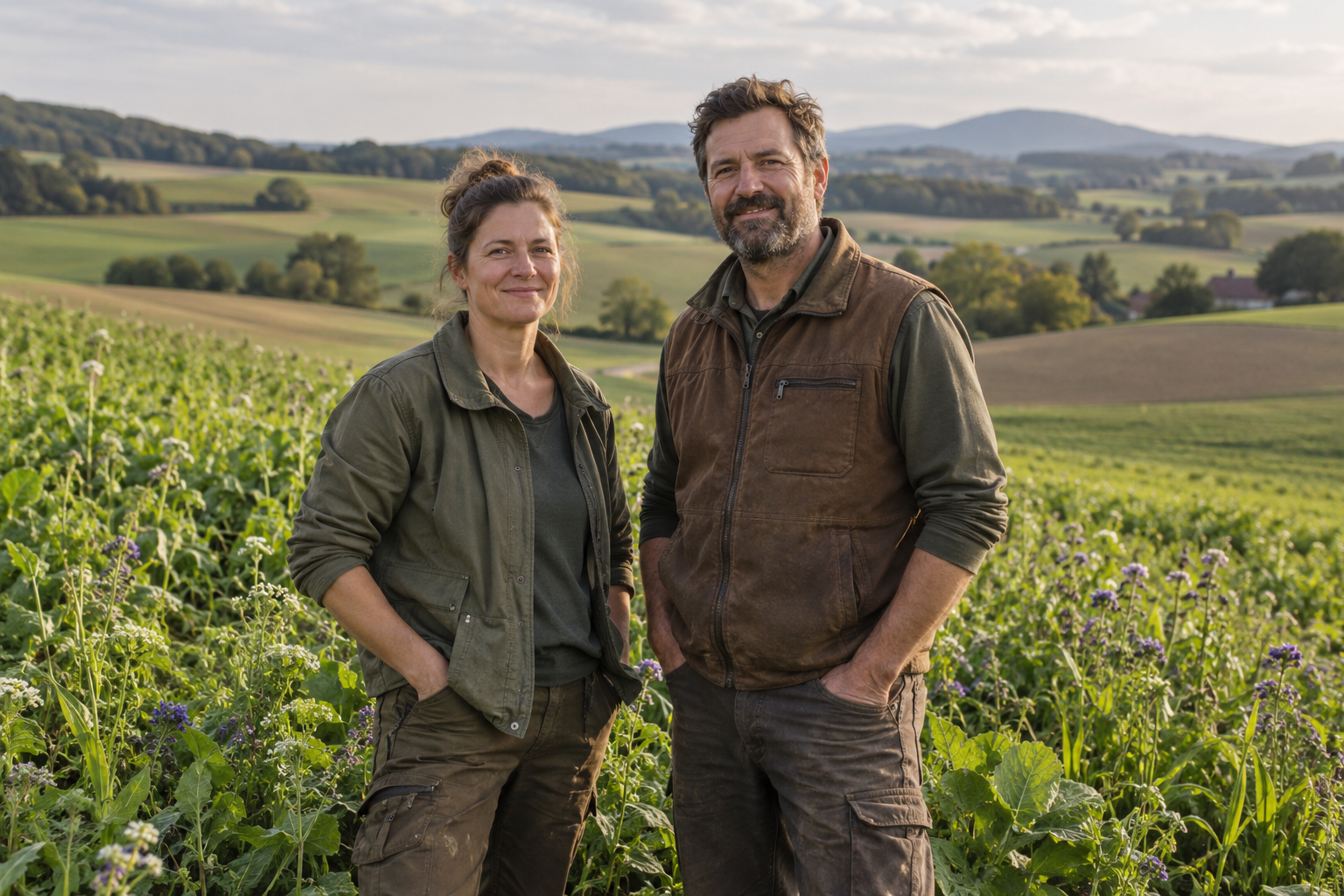 Landwirtschaftliches Paar im Zwischenfruchtfeld