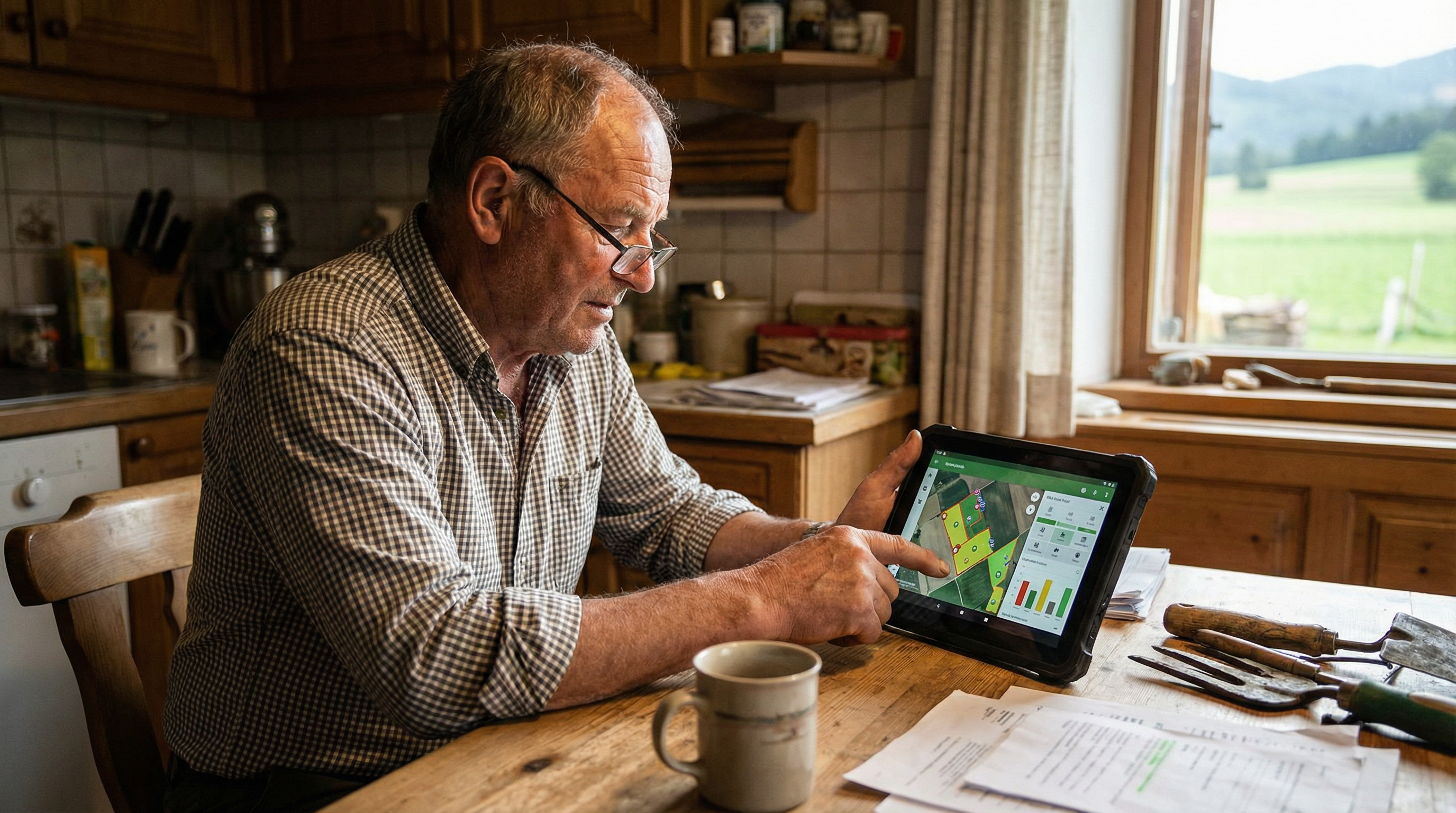 Bauer mit Tablet am Küchentisch