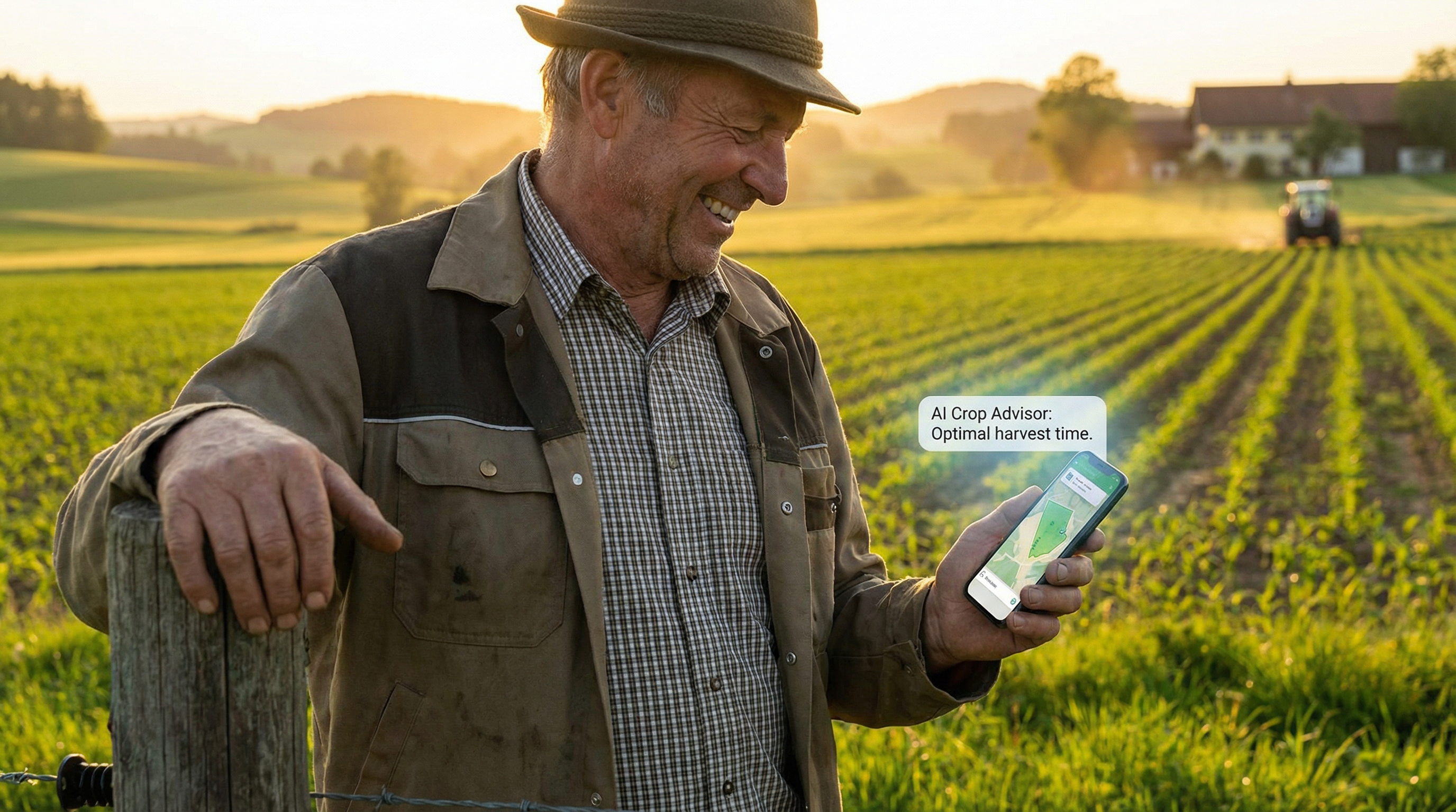 Bauer mit Smartphone am Feld